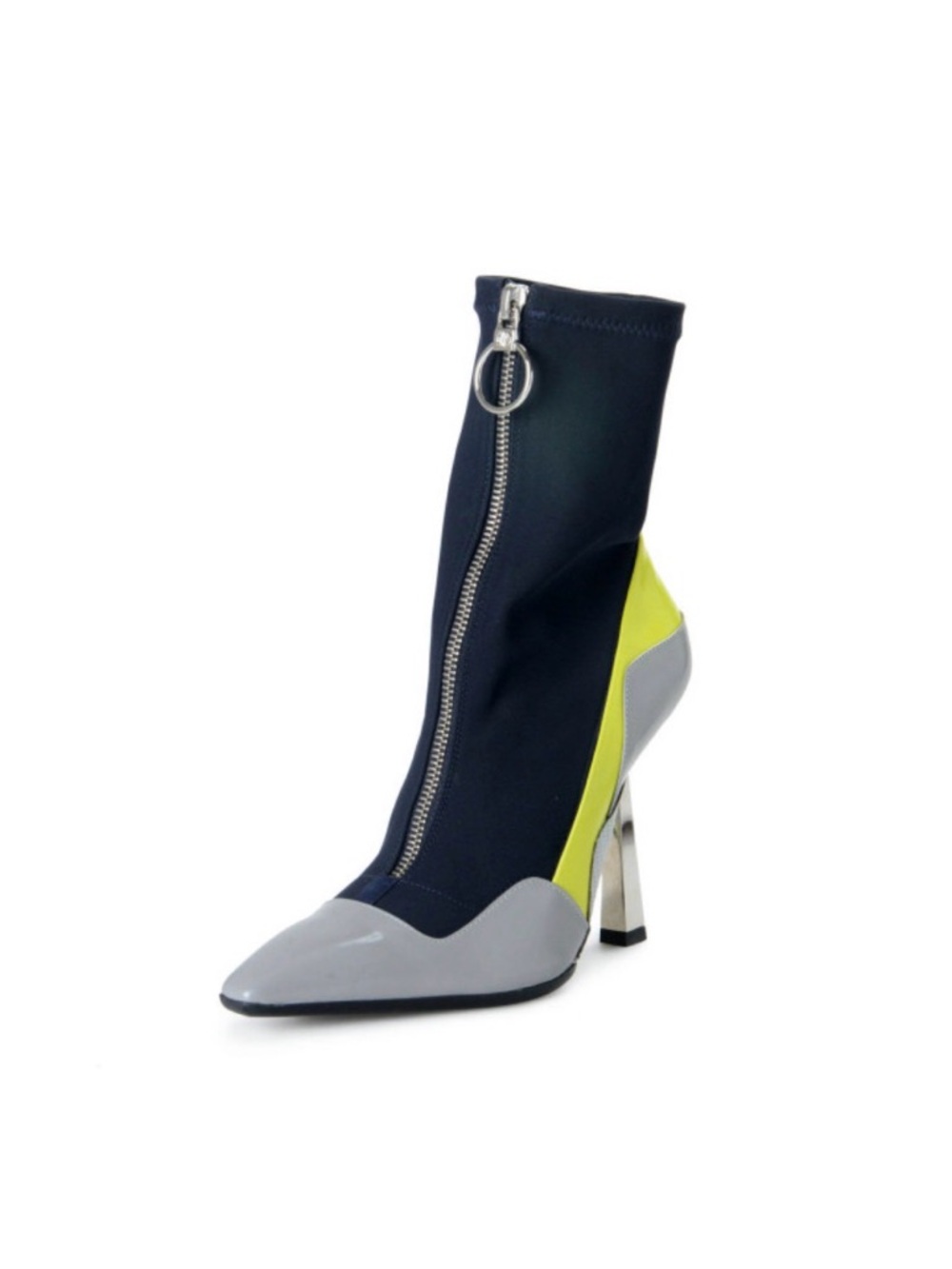 Versace Navy, Gray & Neon Yellow Boots with chrome Heels